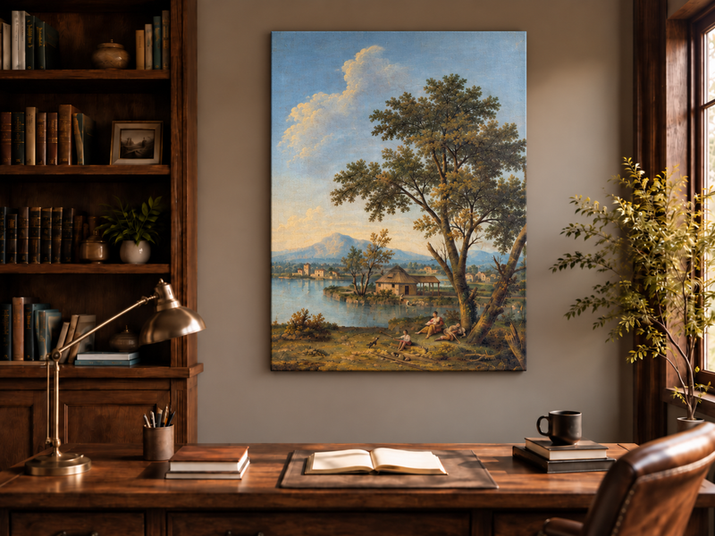Peinture à l'huile de paysage - Rivière printanière avec pêcheur et arbres