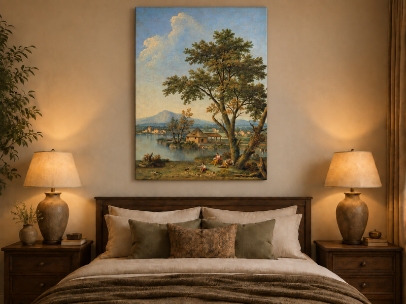 Peinture à l'huile de paysage - Rivière printanière avec pêcheur et arbres