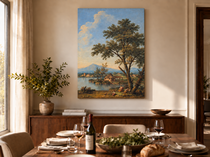 Peinture à l'huile de paysage - Rivière printanière avec pêcheur et arbres
