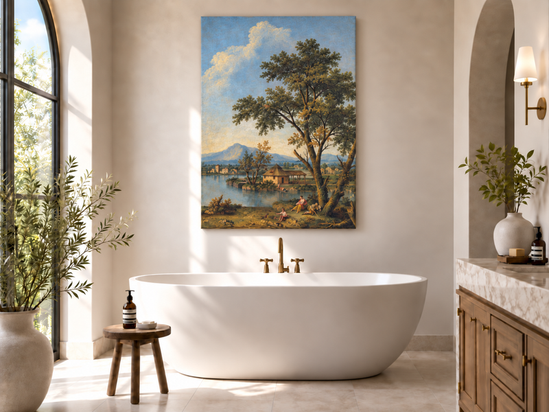 Peinture à l'huile de paysage - Rivière printanière avec pêcheur et arbres