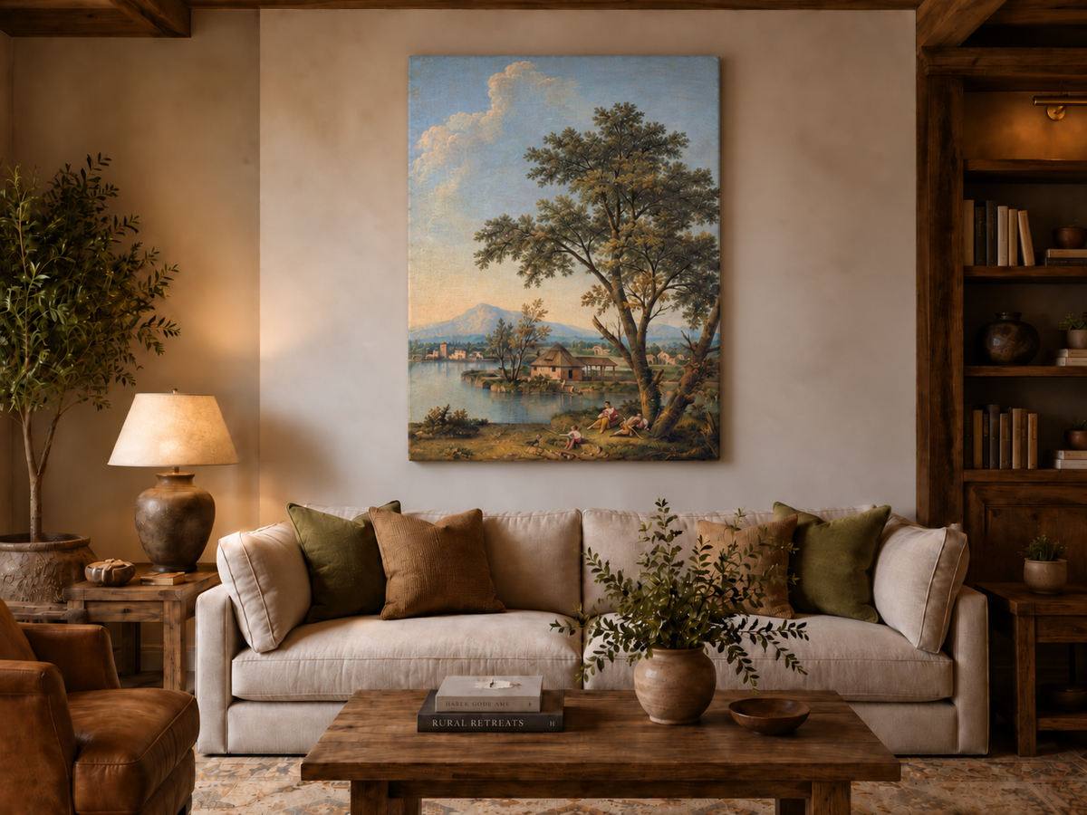Peinture à l'huile de paysage - Rivière printanière avec pêcheur et arbres