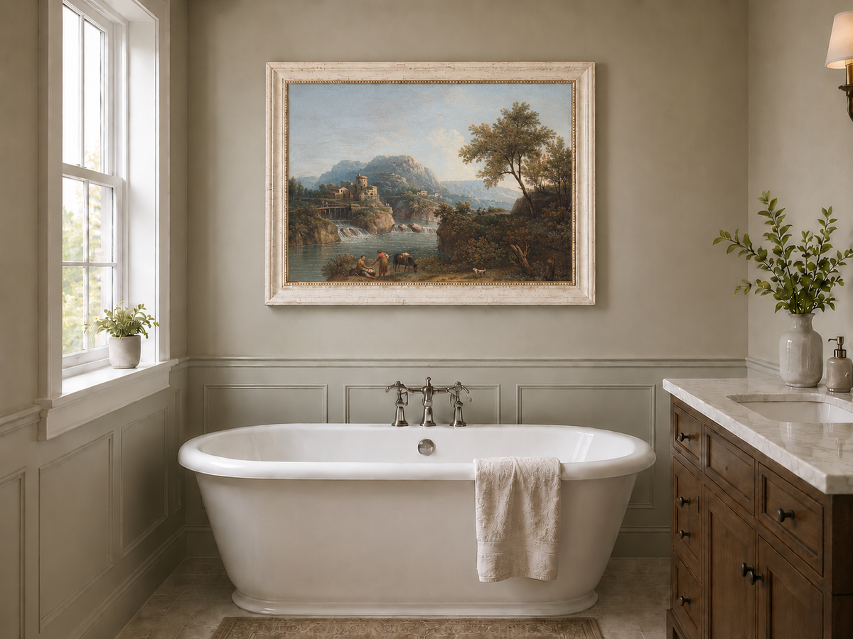 Landscape Oil Painting - Rustic river valley castle & waterfall