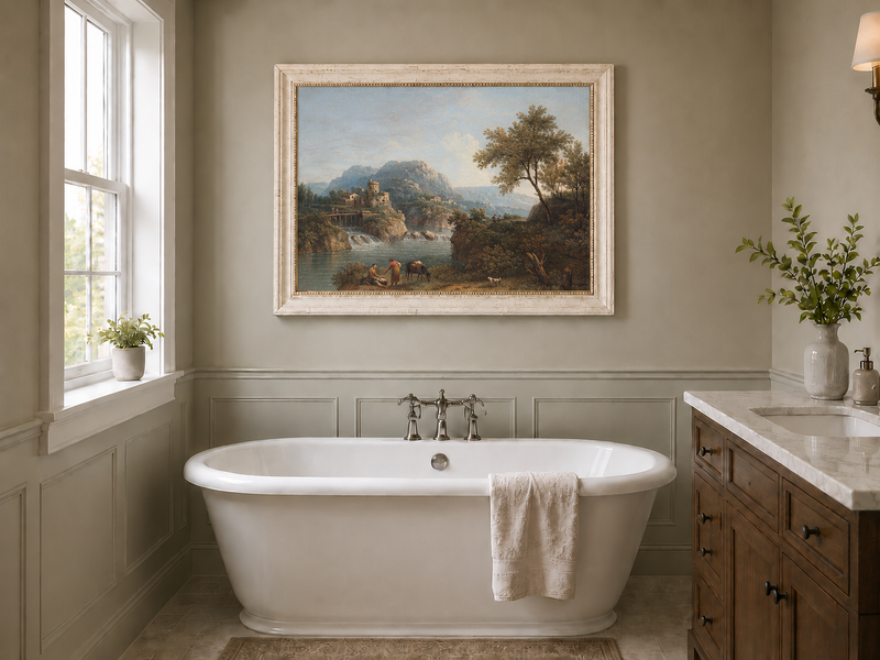 Landscape Oil Painting - Rustic river valley castle & waterfall