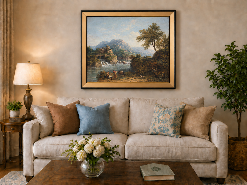 Landscape Oil Painting - Rustic river valley castle & waterfall