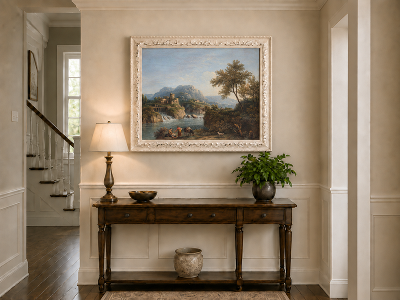 Landscape Oil Painting - Rustic river valley castle & waterfall