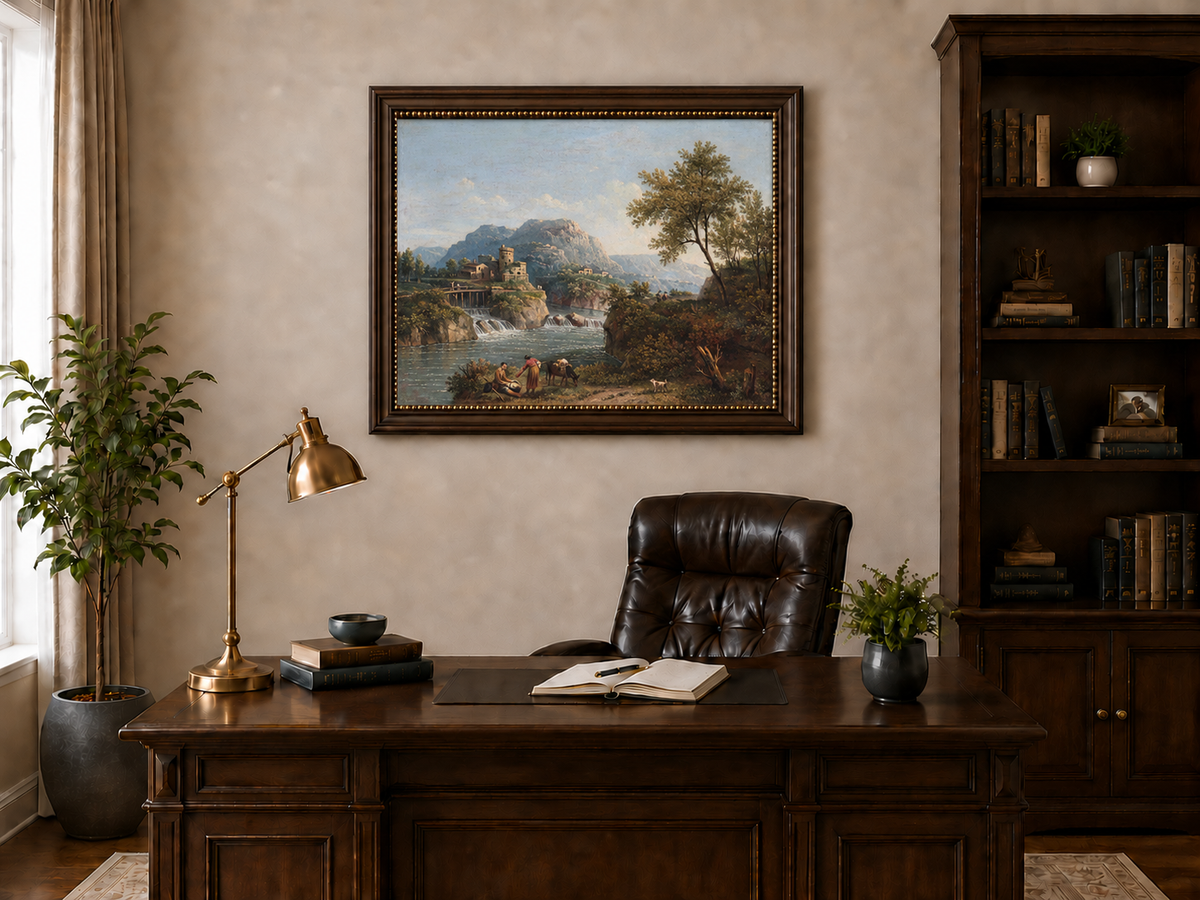 Landscape Oil Painting - Rustic river valley castle & waterfall