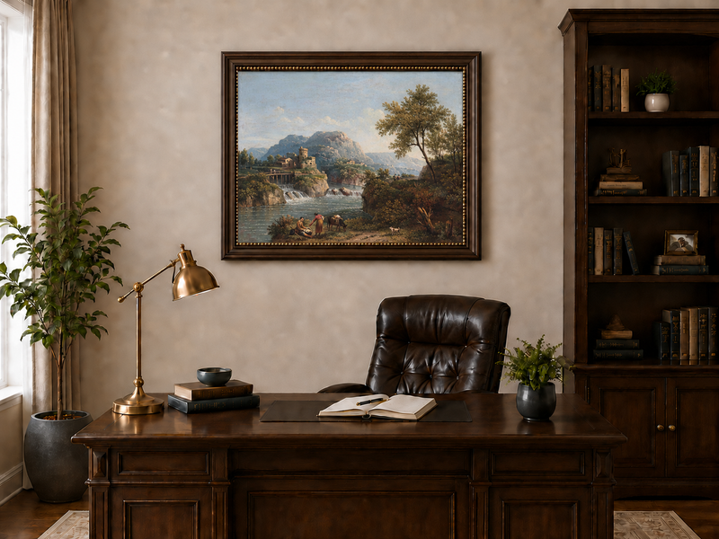 Landscape Oil Painting - Rustic river valley castle & waterfall