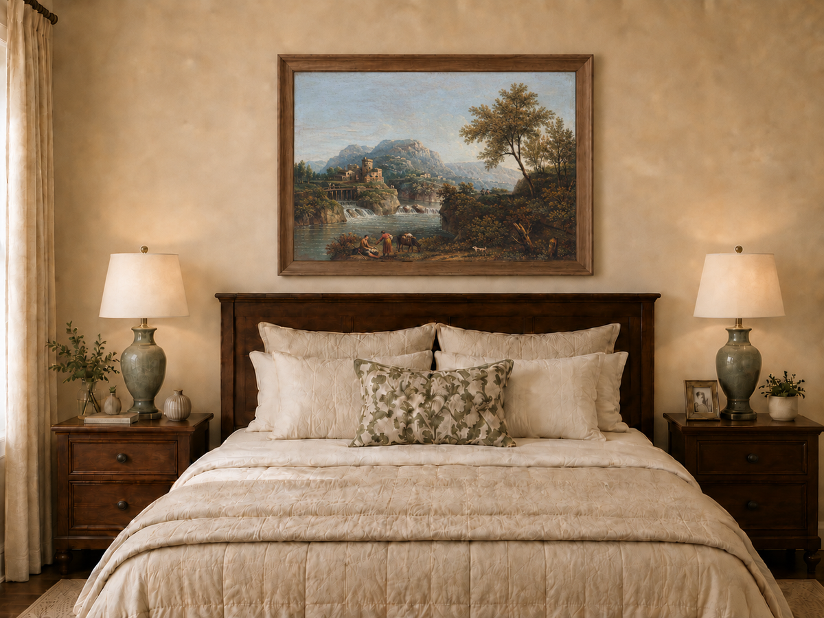 Landscape Oil Painting - Rustic river valley castle & waterfall