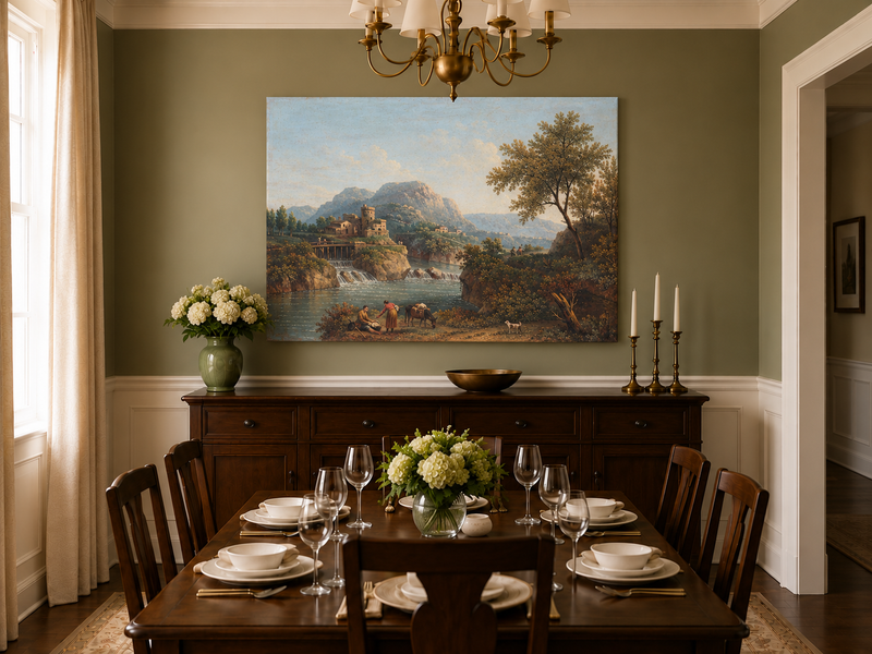 Landscape Oil Painting - Rustic river valley castle & waterfall