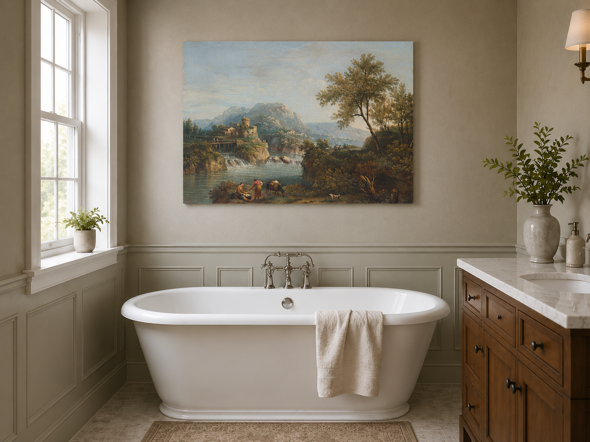 Landscape Oil Painting - Rustic river valley castle & waterfall