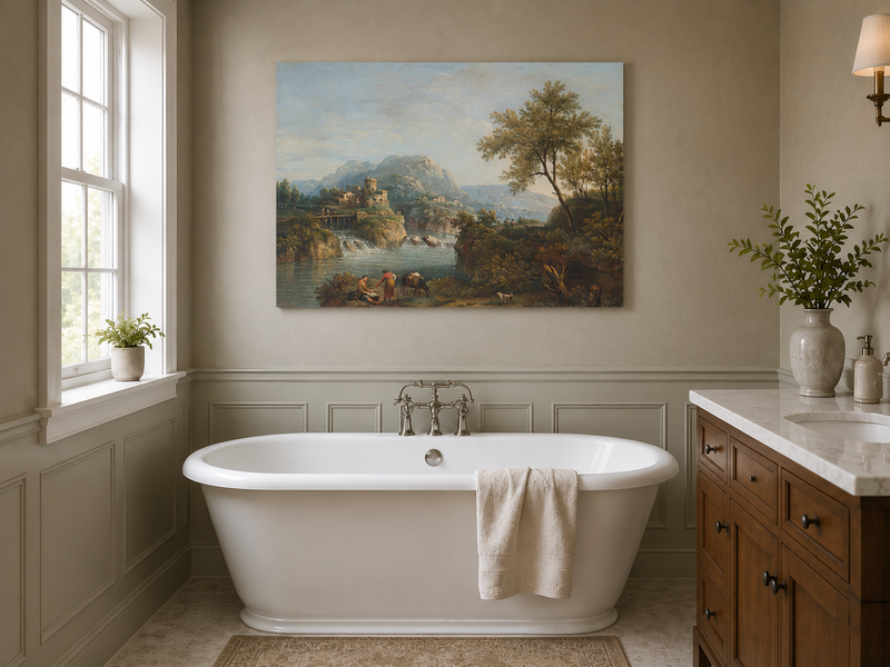 Landscape Oil Painting - Rustic river valley castle & waterfall