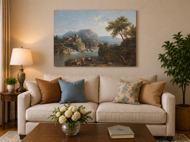 Landscape Oil Painting - Rustic river valley castle & waterfall