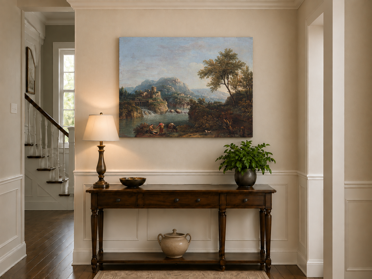 Landscape Oil Painting - Rustic river valley castle & waterfall
