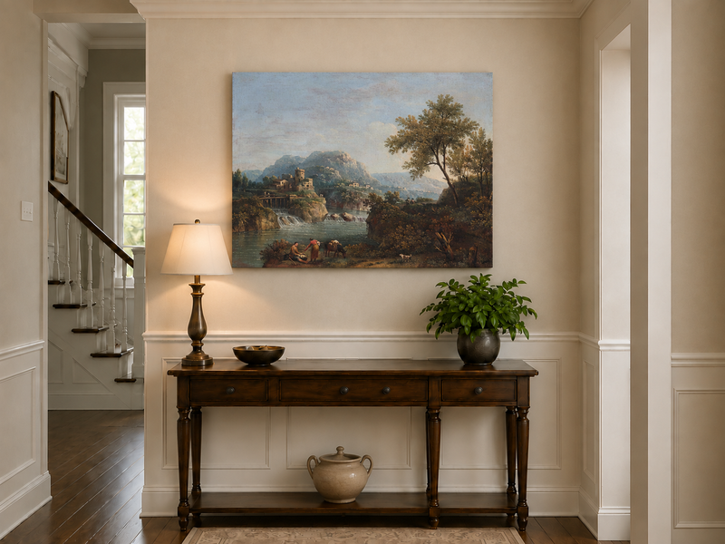Landscape Oil Painting - Rustic river valley castle & waterfall