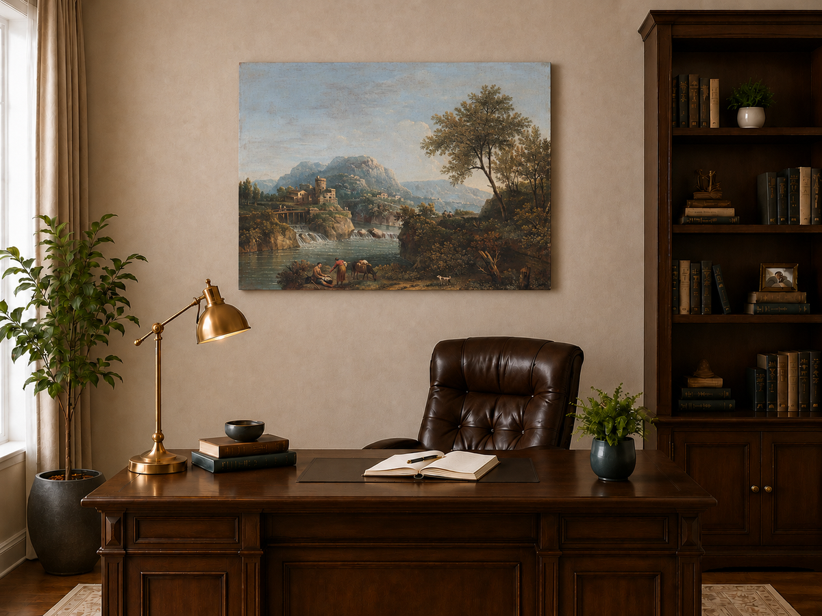 Landscape Oil Painting - Rustic river valley castle & waterfall