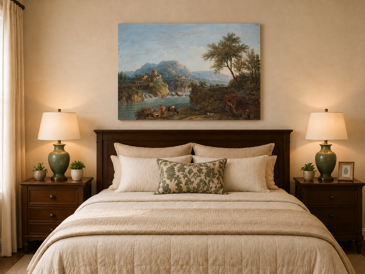 Landscape Oil Painting - Rustic river valley castle & waterfall