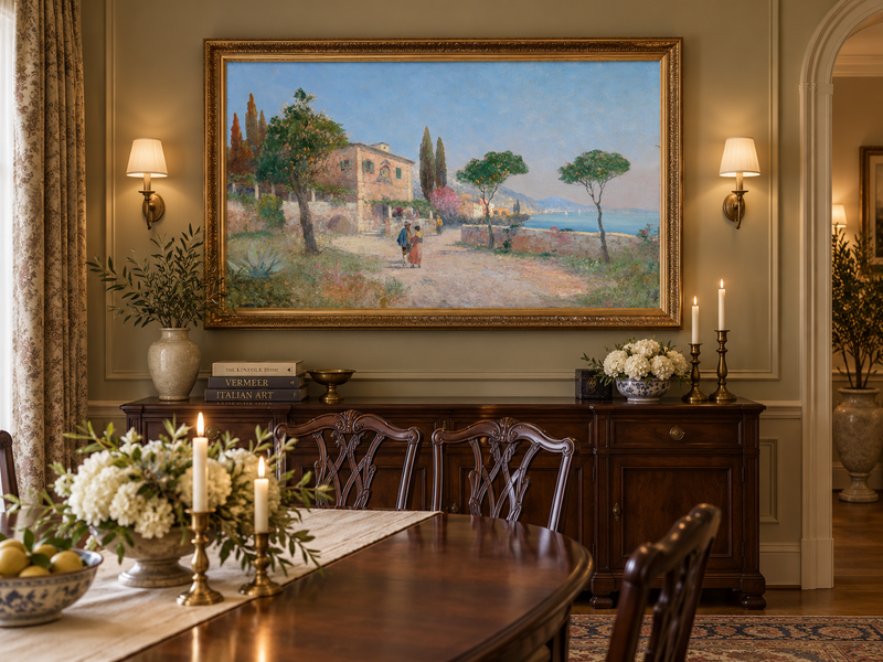 Landscape Oil Painting - Mediterranean Coastal Village Path