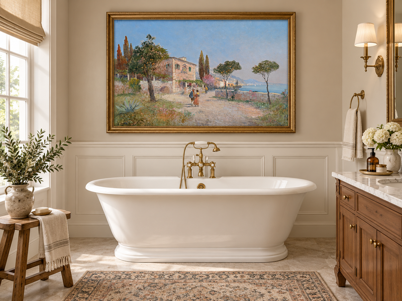 Landscape Oil Painting - Mediterranean Coastal Village Path