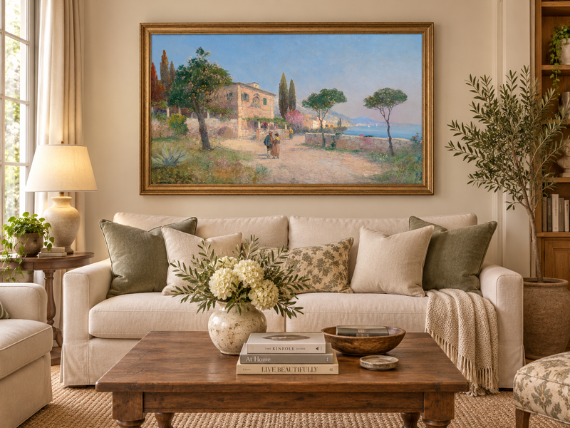 Landscape Oil Painting - Mediterranean Coastal Village Path