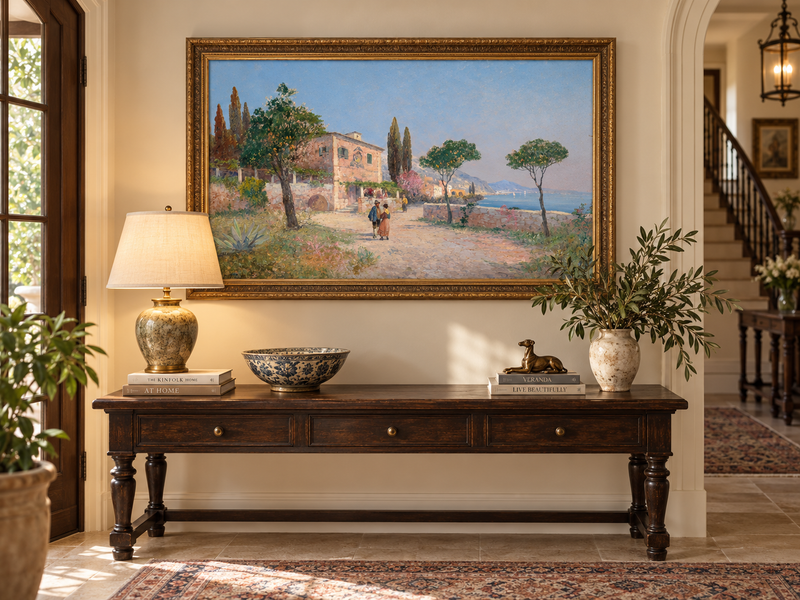 Landscape Oil Painting - Mediterranean Coastal Village Path