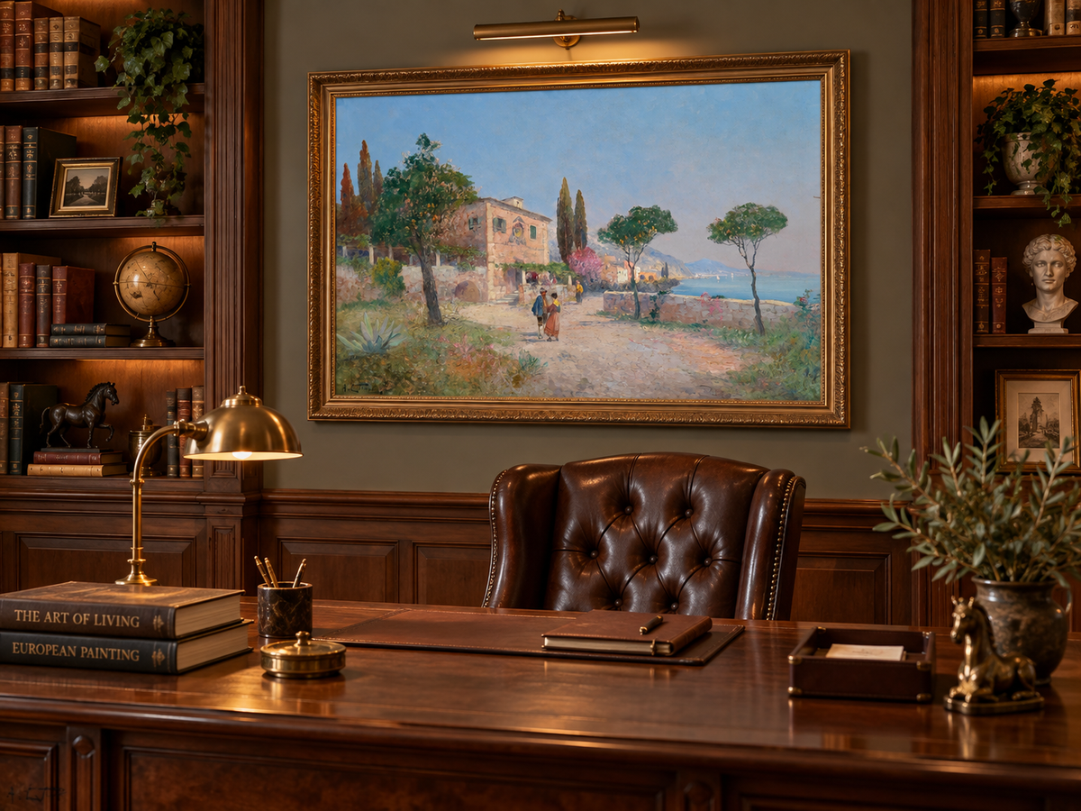 Landscape Oil Painting - Mediterranean Coastal Village Path