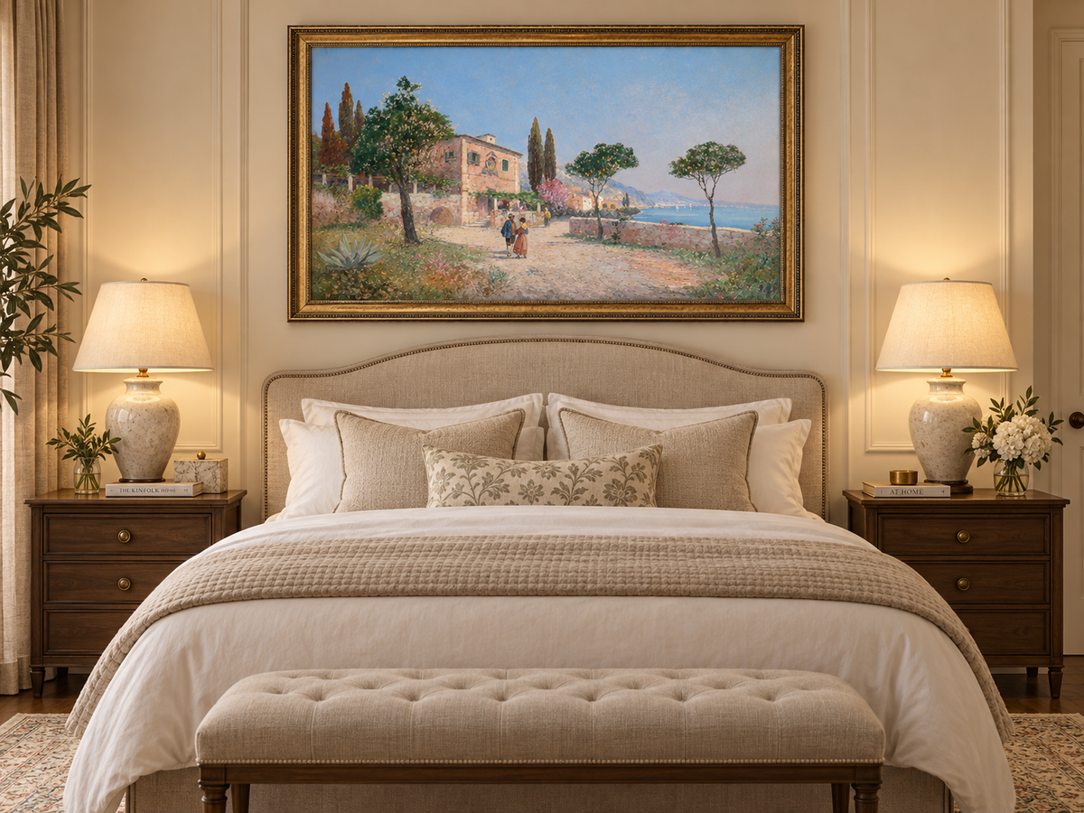 Landscape Oil Painting - Mediterranean Coastal Village Path