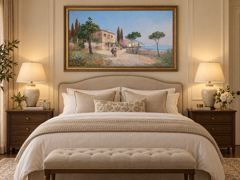 Landscape Oil Painting - Mediterranean Coastal Village Path