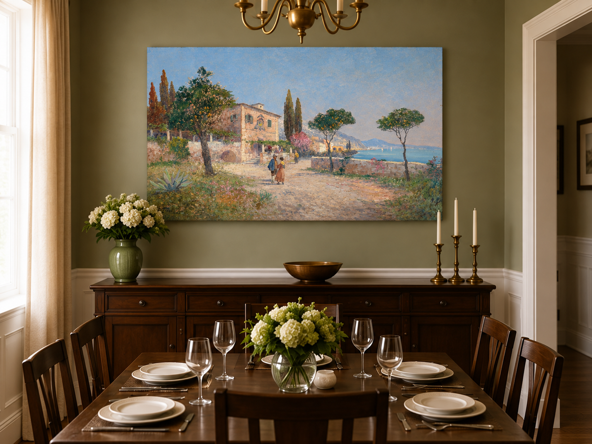 Landscape Oil Painting - Mediterranean Coastal Village Path