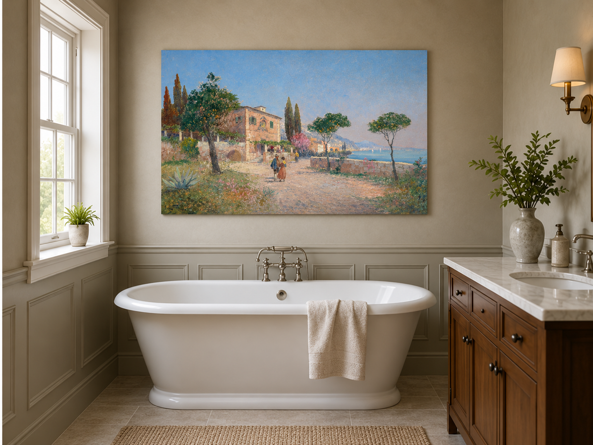 Landscape Oil Painting - Mediterranean Coastal Village Path