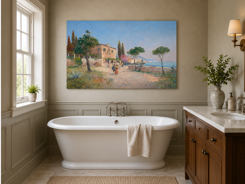 Landscape Oil Painting - Mediterranean Coastal Village Path