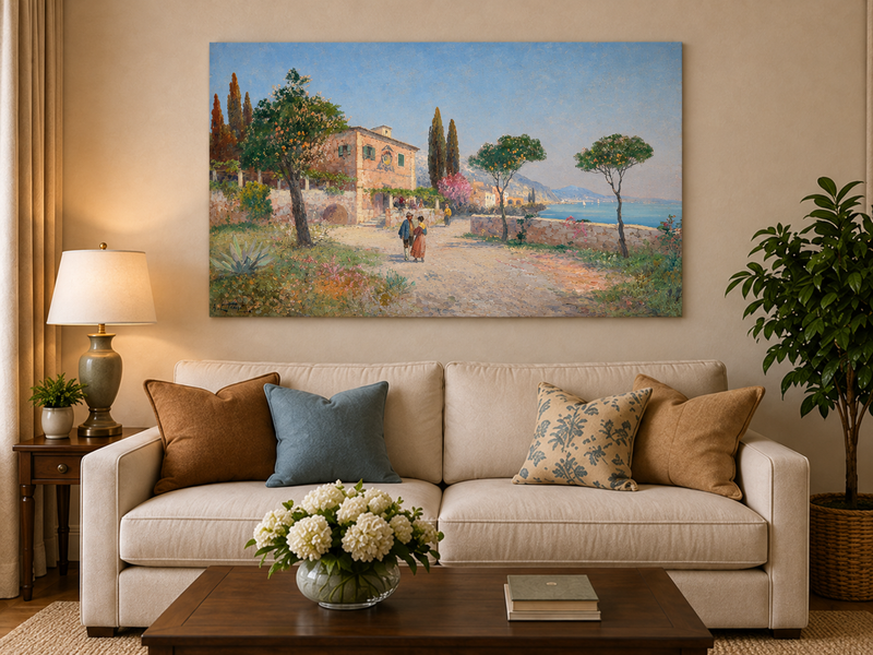 Landscape Oil Painting - Mediterranean Coastal Village Path