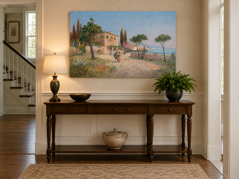 Landscape Oil Painting - Mediterranean Coastal Village Path