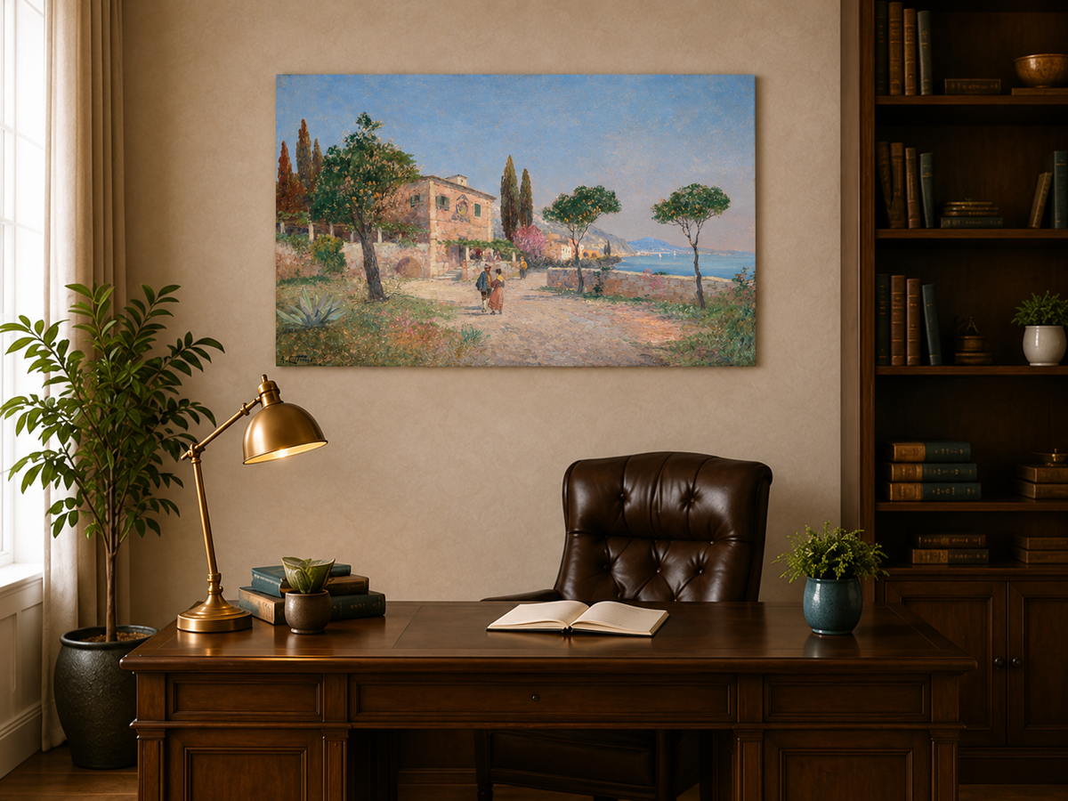 Landscape Oil Painting - Mediterranean Coastal Village Path