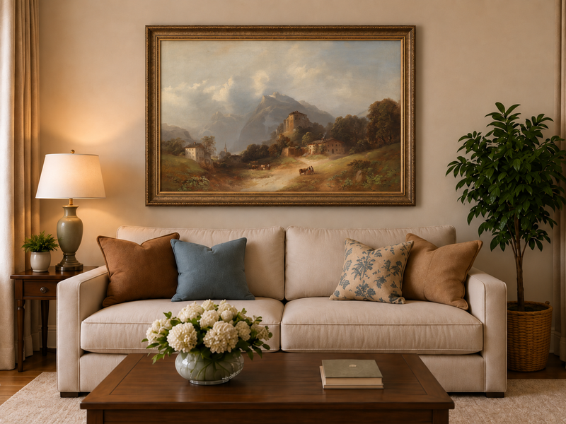Landscape Oil Painting - Alpine Village with Mountain Path