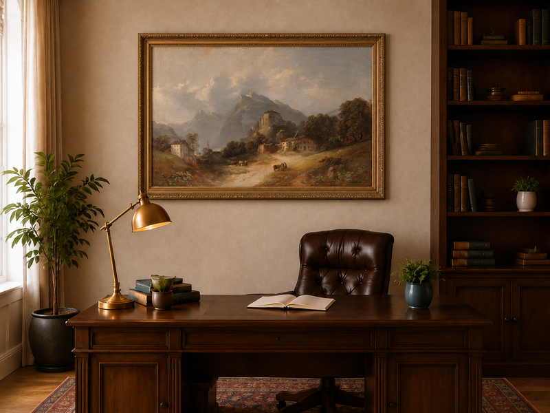Landscape Oil Painting - Alpine Village with Mountain Path