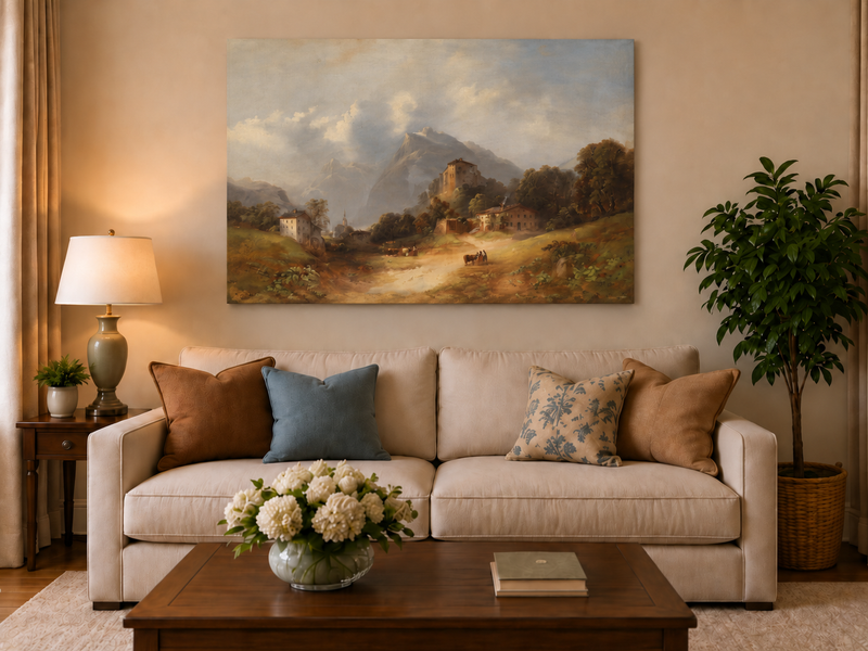 Landscape Oil Painting - Alpine Village with Mountain Path