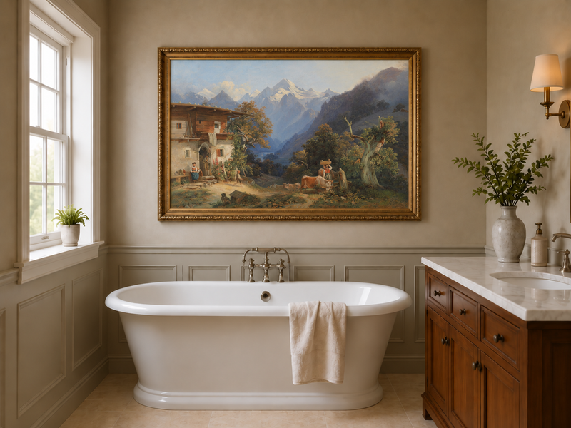 Peinture à l'huile de paysage - Bétail et vallée de montagne enneigée