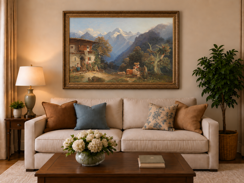 Peinture à l'huile de paysage - Bétail et vallée de montagne enneigée