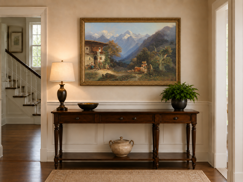 Peinture à l'huile de paysage - Bétail et vallée de montagne enneigée