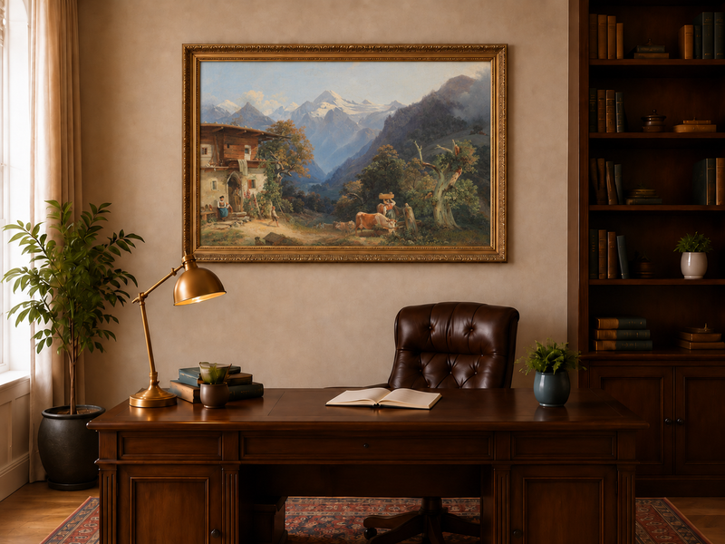 Peinture à l'huile de paysage - Bétail et vallée de montagne enneigée