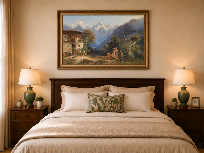 Peinture à l'huile de paysage - Bétail et vallée de montagne enneigée