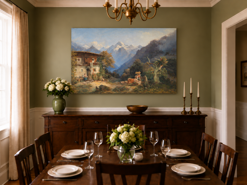 Peinture à l'huile de paysage - Bétail et vallée de montagne enneigée