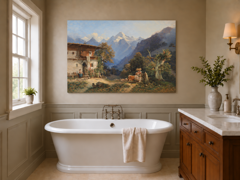 Peinture à l'huile de paysage - Bétail et vallée de montagne enneigée