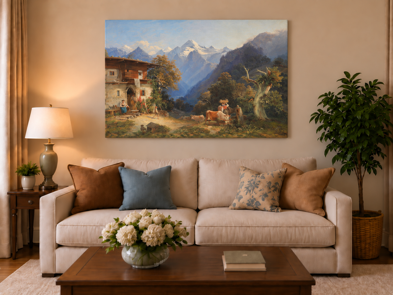 Peinture à l'huile de paysage - Bétail et vallée de montagne enneigée