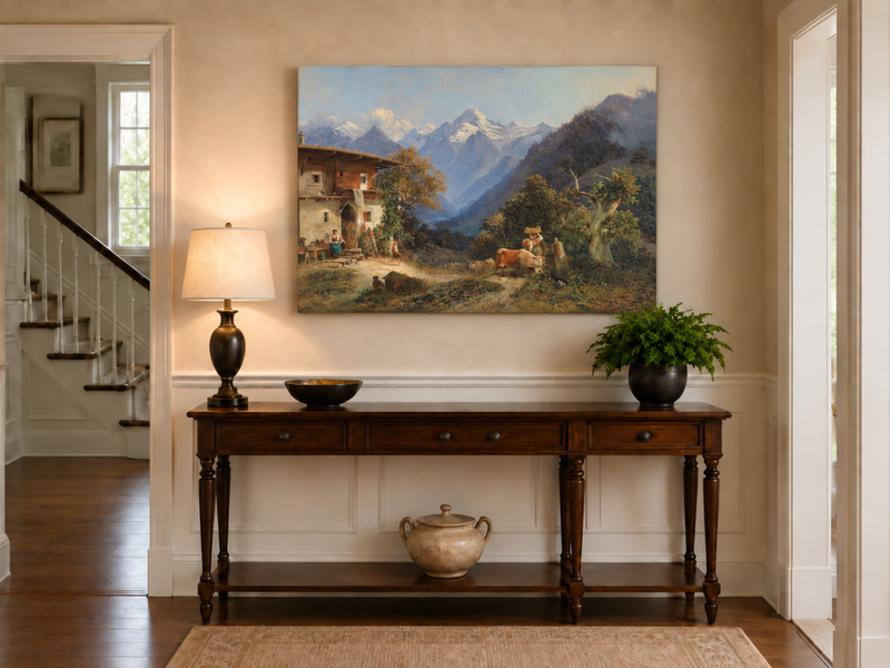 Peinture à l'huile de paysage - Bétail et vallée de montagne enneigée