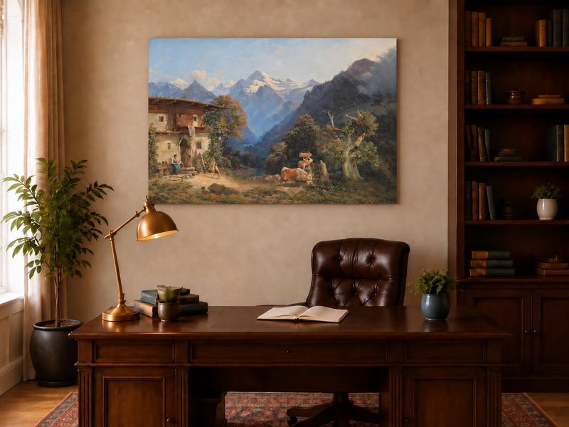 Peinture à l'huile de paysage - Bétail et vallée de montagne enneigée
