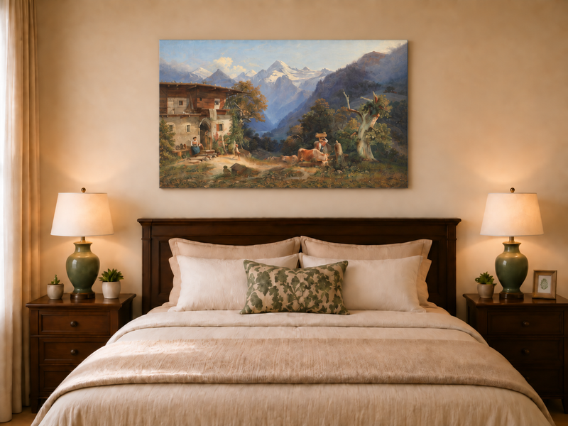 Peinture à l'huile de paysage - Bétail et vallée de montagne enneigée