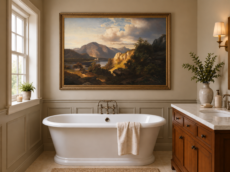Peinture à l'huile de paysage - Lac, Montagne, Ruine de château et Ensoleillé