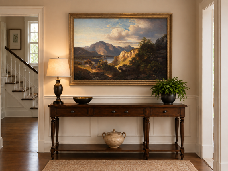 Peinture à l'huile de paysage - Lac, Montagne, Ruine de château et Ensoleillé
