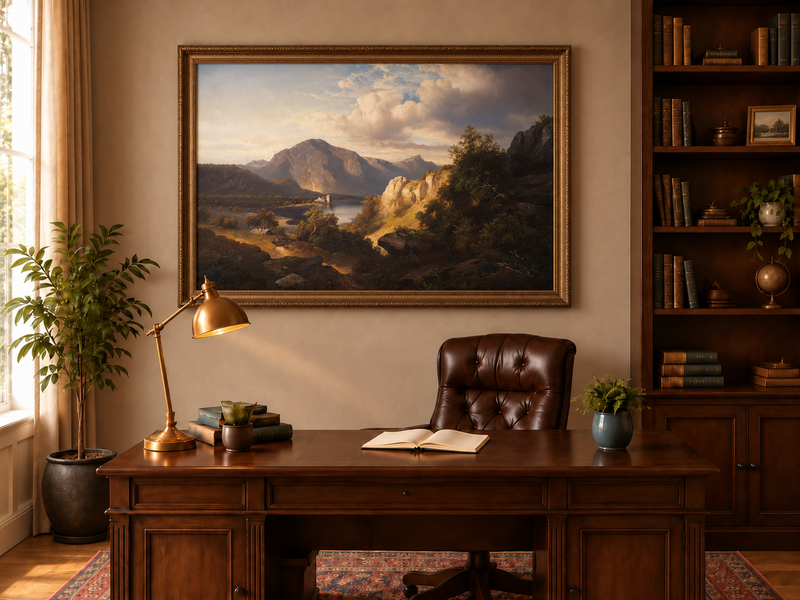 Peinture à l'huile de paysage - Lac, Montagne, Ruine de château et Ensoleillé